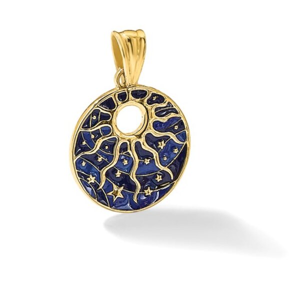 14k Yellow Gold Blue Enamel Sun and Stars Necklace Charm Pendant with Cut-out - Picture 5 of 5